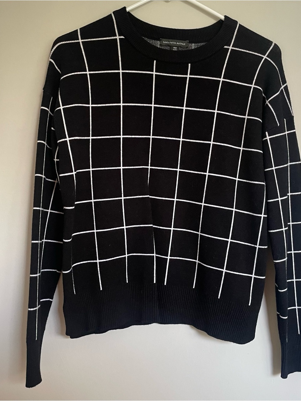 Saks Fifth Avenue Black Crewneck Sweater with White Windowpane Grid - Picture 1 of 4